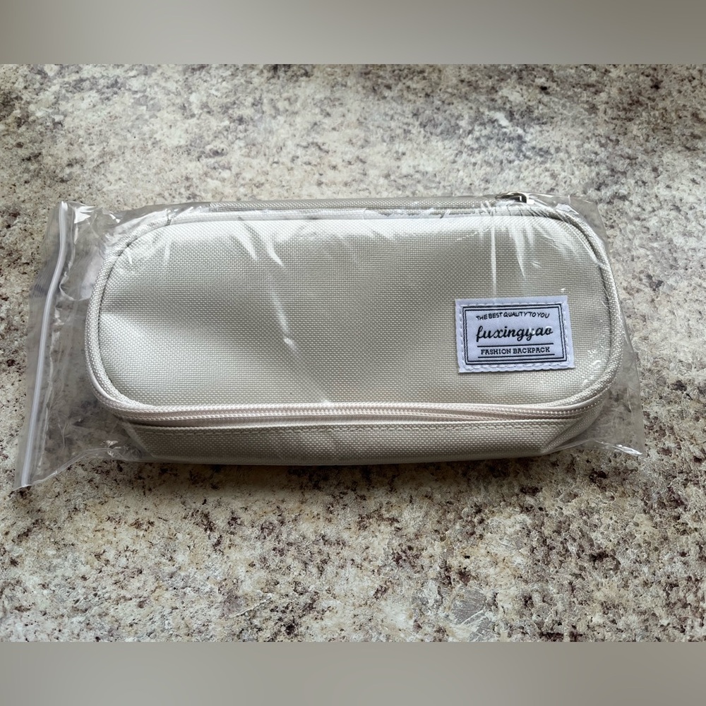 Beige Canvas Pencil Case with Patch Logo